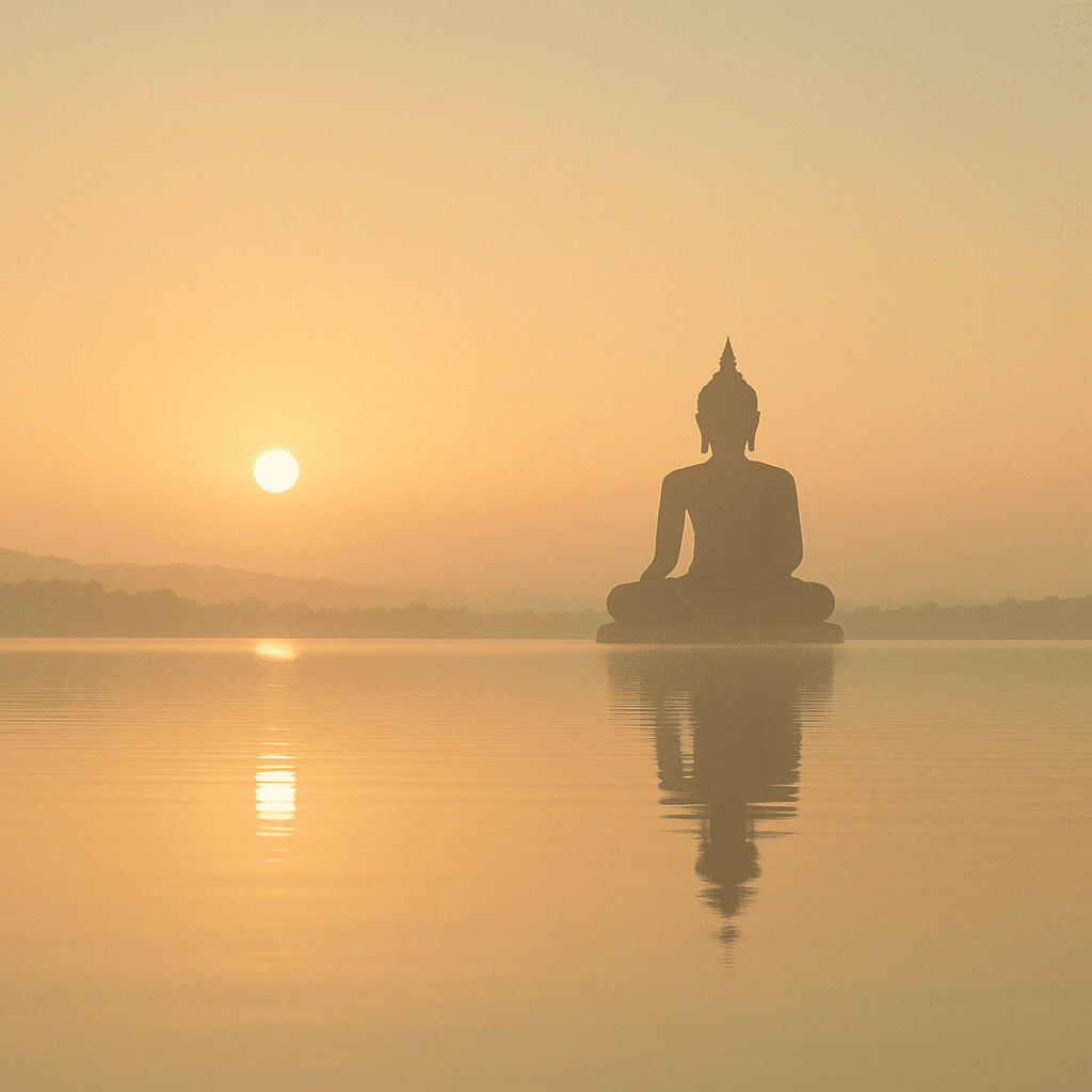 Soft golden sunrise over a calm lake with a distant Buddha silhouette reflecting on the water, evoking peace and serenity