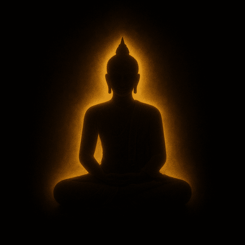 Golden silhouette of a meditating Buddha glowing softly against a black background, radiating calm and peace