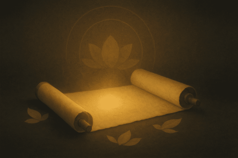 Ancient scroll glowing with warm golden light on a dark surface, surrounded by subtle lotus petals and a faint halo pattern in the background